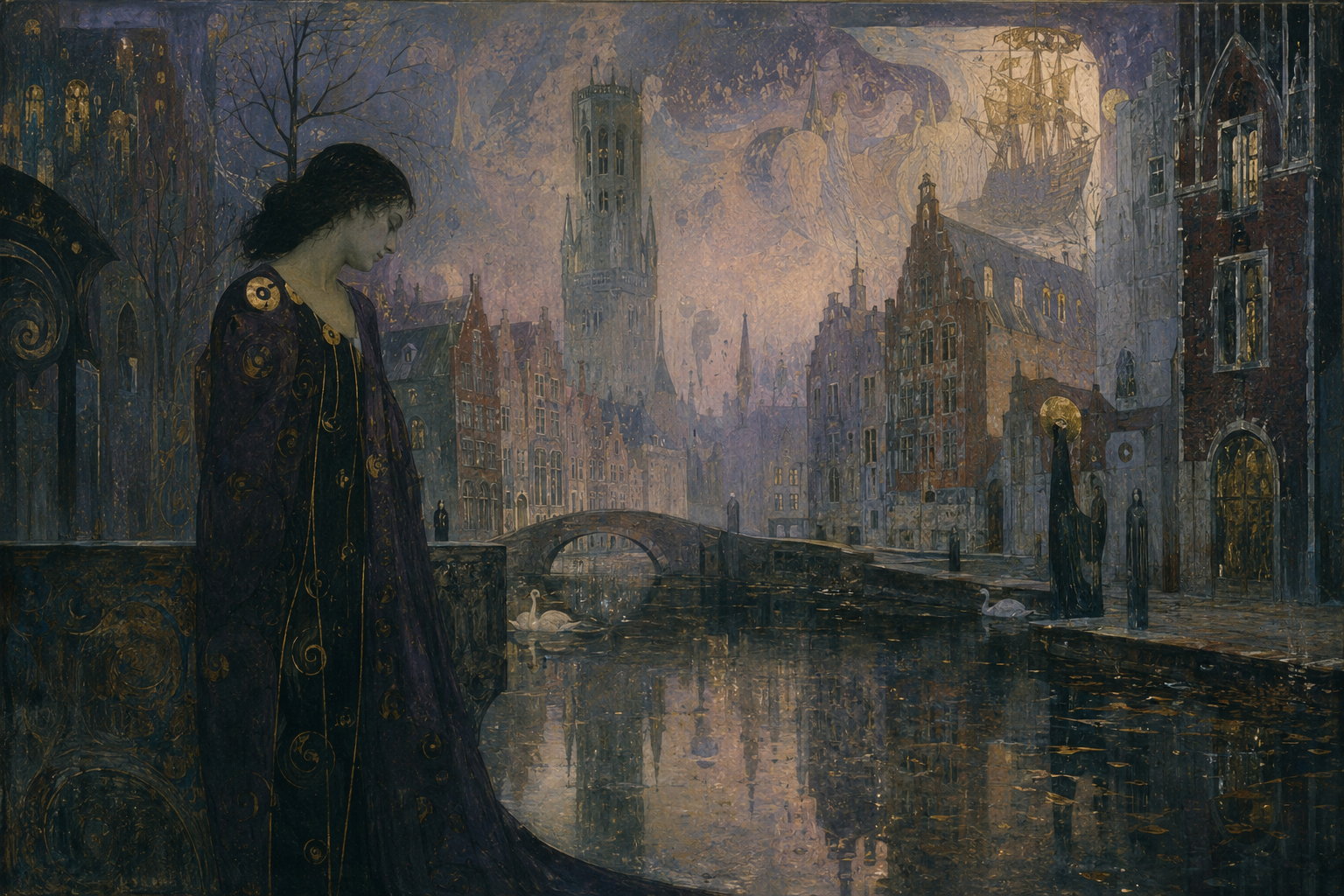Melancholisch-symbolistische Szene an einem Kanal in Brügge