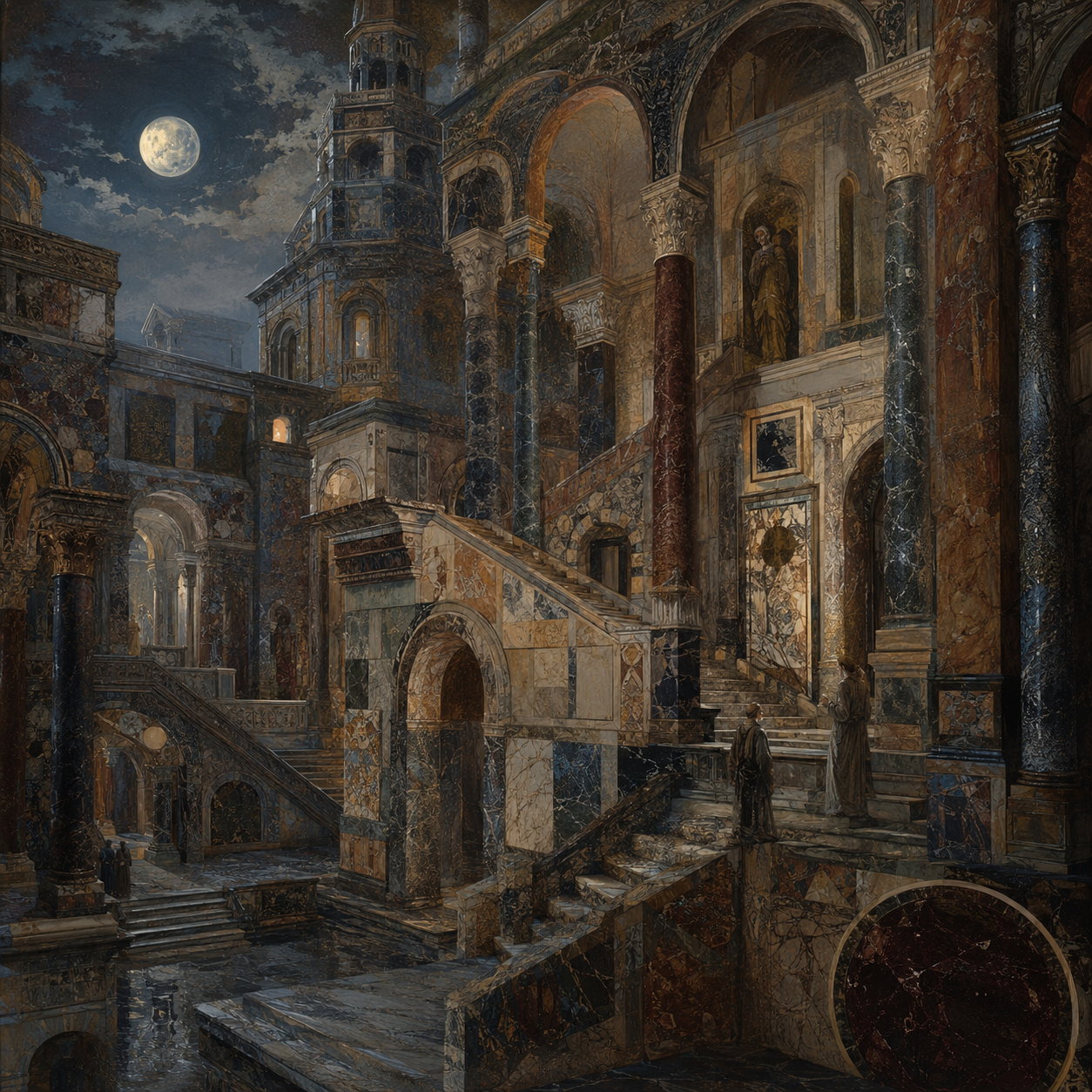 Dunkle phantastische Marmorarchitektur bei Nacht