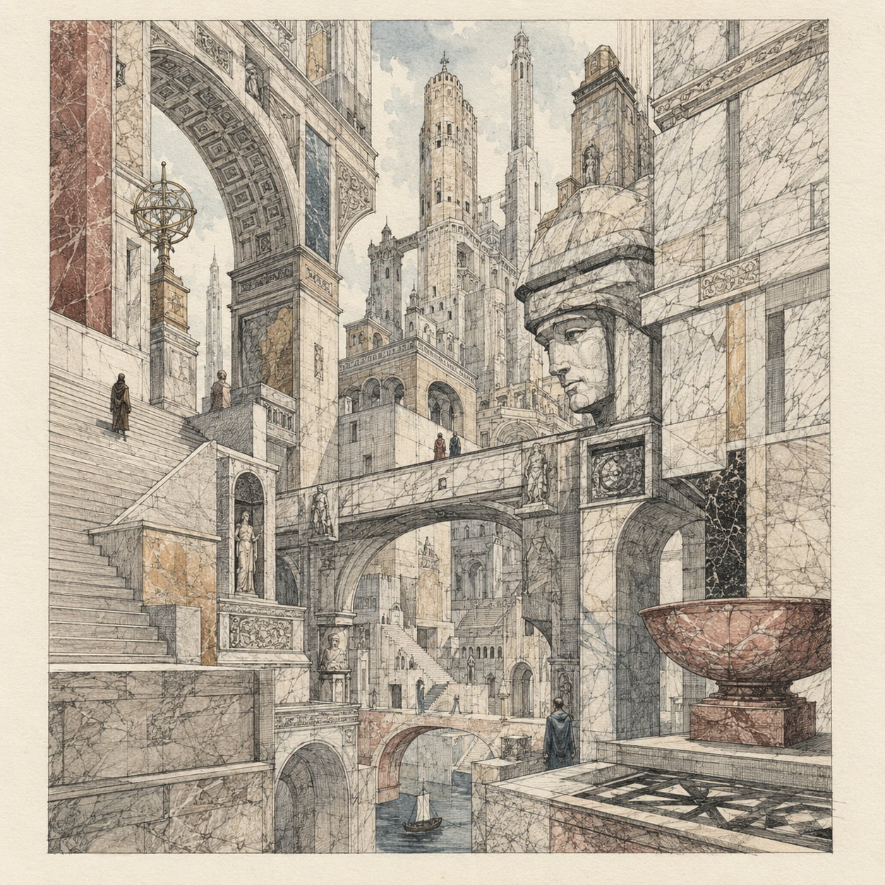 Zeichnerische Studie einer hellen phantastischen Marmorarchitektur
