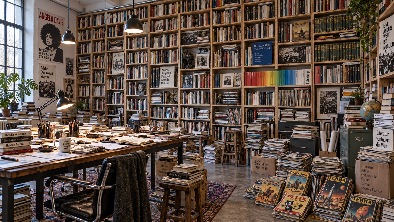 Arbeitszimmer mit raumhoher Bücherwand, Zeitschriften, politischen Plakaten und einem großen Arbeitstisch