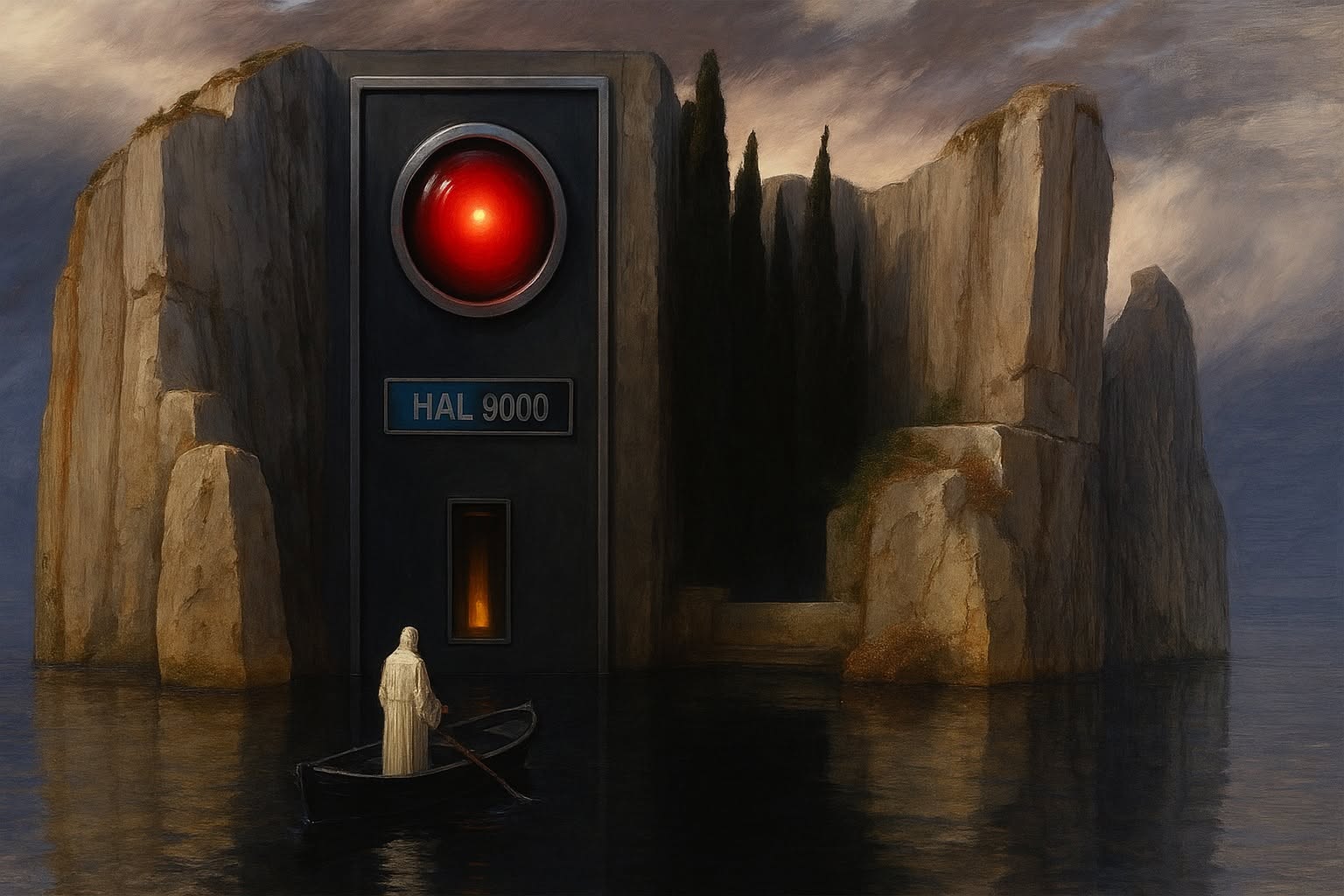 KI-Bild von HAL 9000 als monumentalem Computer mit rotem Kameraauge auf einer Felseninsel