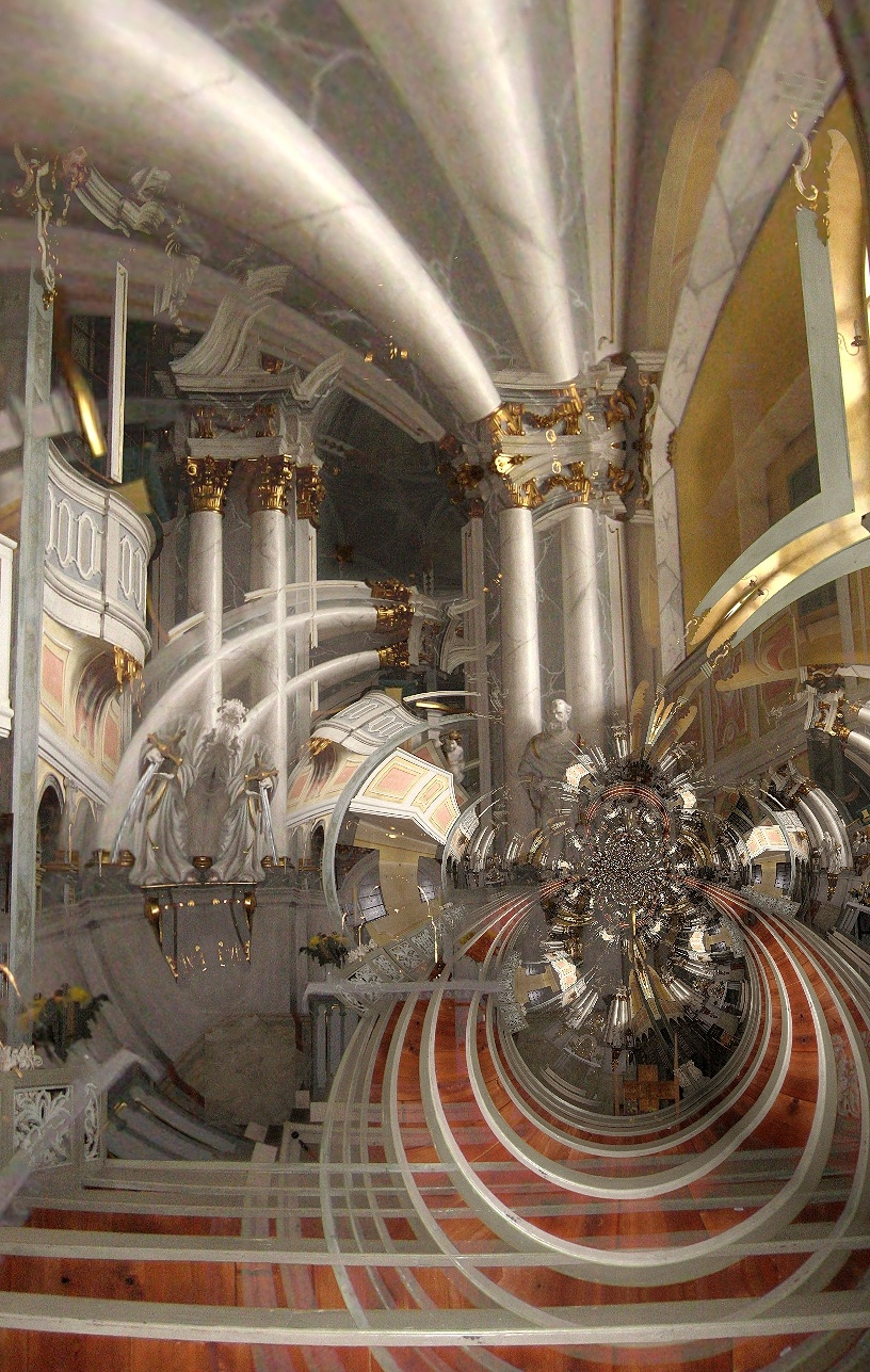 Fotografisch verfremdeter barocker Kirchenraum mit wirbelnder Raumwirkung