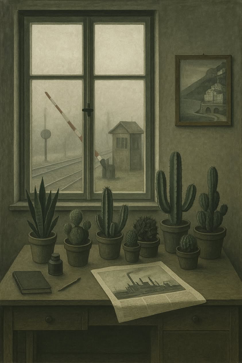 Fenster mit Kakteen und Zug