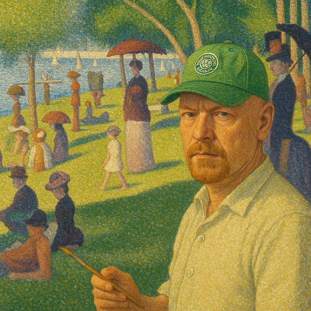 Maler mit grüner Kappe vor einer pointillistischen Parkszene