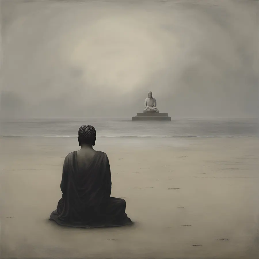 Meditierende Buddhafigur am Strand gegenüber einer zweiten Figur im Nebel