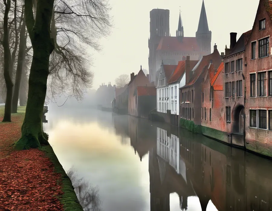 Brügger Kanal mit Backsteinhäusern, Bäumen und Kirchtürmen im Nebel