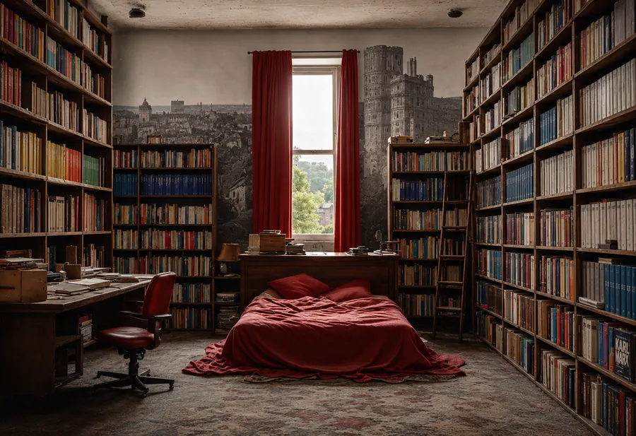 Schlafzimmer mit rotem Bett in einer raumhohen Bibliothek