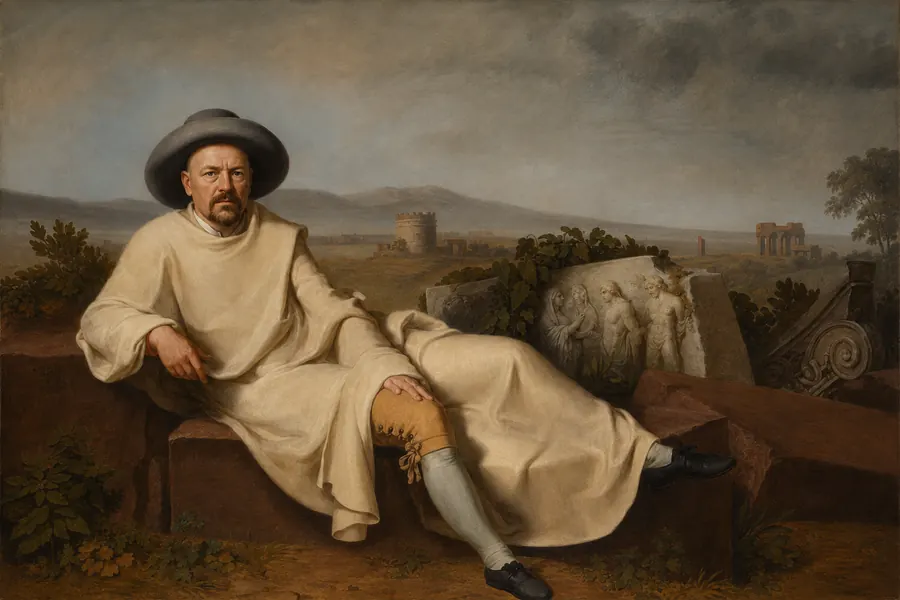 Goethe in weißem Gewand vor einer idealisierten italienischen Landschaft