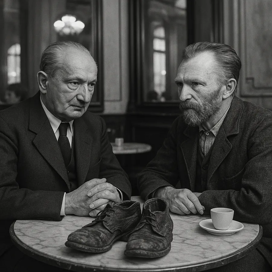 Heidegger und van Gogh sitzen vor einem Paar abgetragener Schuhe