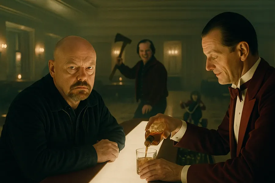 Filmische Barszene mit Barkeeper und bedrohlicher Gestalt aus Shining