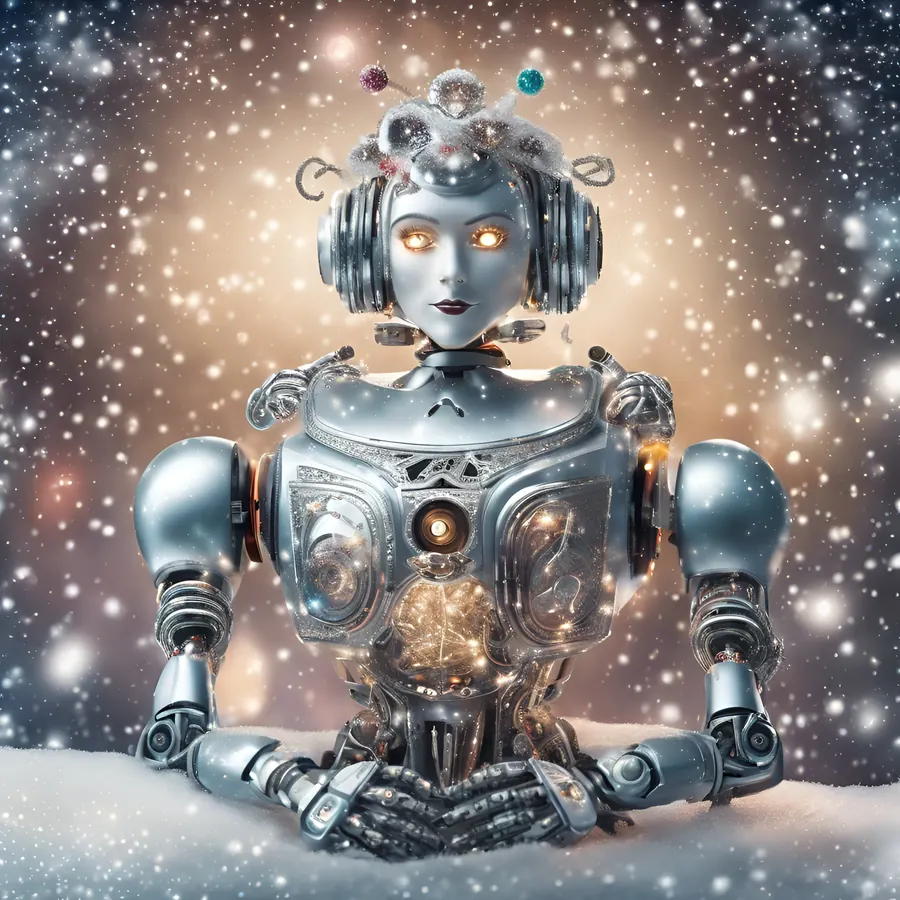 Leuchtender humanoider Roboter in einem Schneesturm