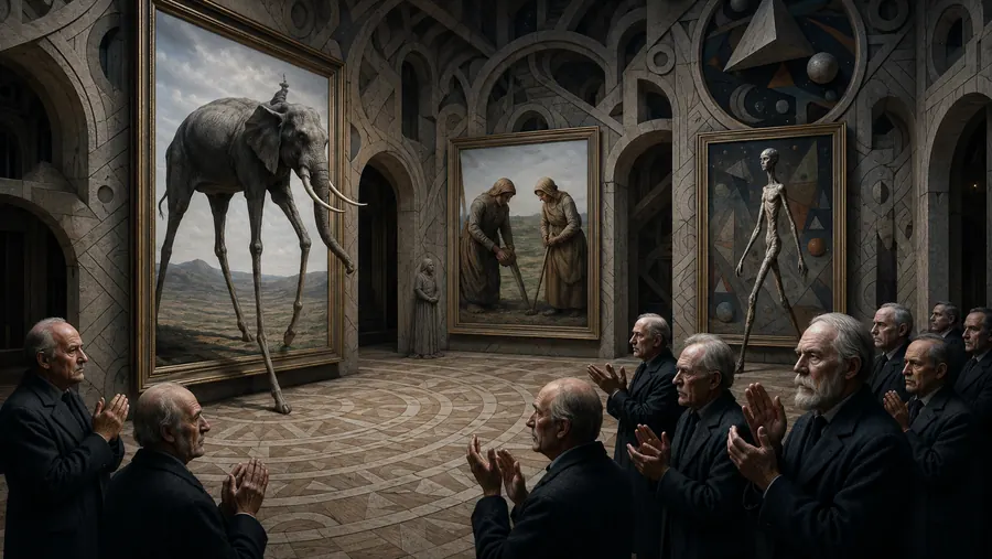 Surreales Museum mit unmöglichen Gemälden und applaudierenden Männern