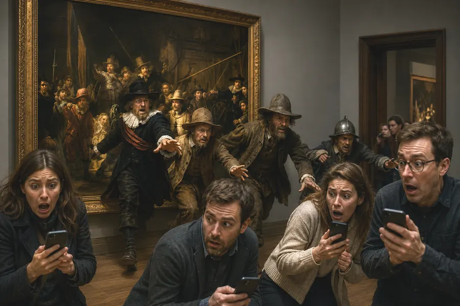 Figuren aus Rembrandts Nachtwache verfolgen Museumsbesucher mit Smartphones