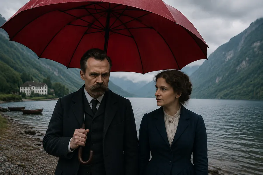 Nietzsche und eine Frau unter einem roten Schirm an einem Bergsee