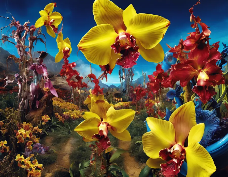 Surreale Landschaft aus übergroßen gelben und roten Orchideen