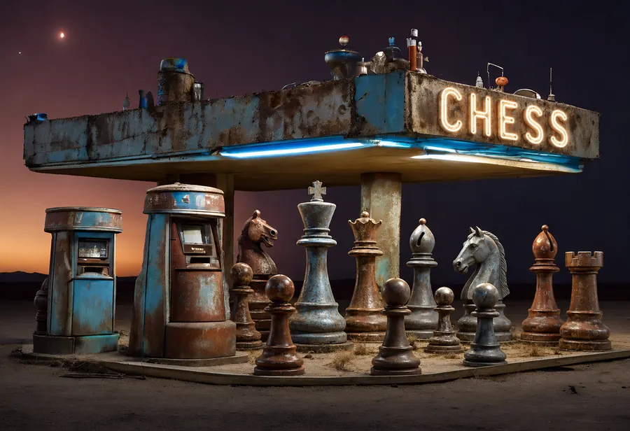 Verlassene Tankstelle mit monumentalen Schachfiguren in der Wüste