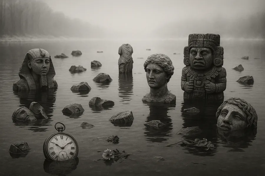 Versunkene Skulpturen verschiedener Kulturen und eine Taschenuhr im Wasser
