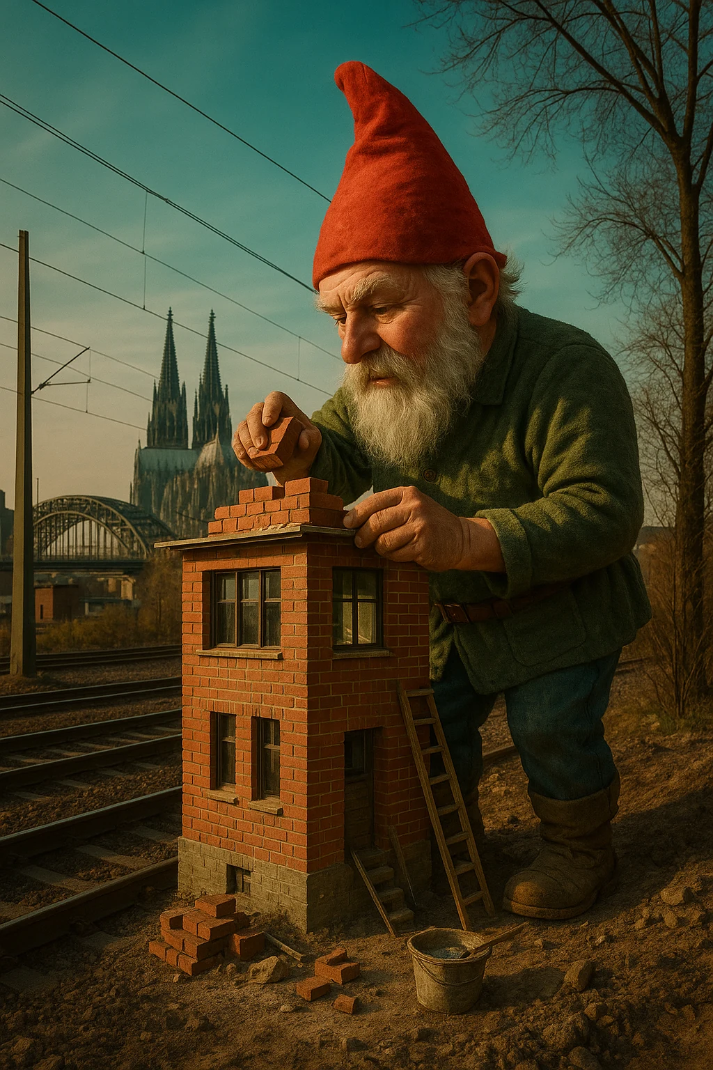 Riesiger Gartenzwerg baut neben Bahngleisen ein kleines Backsteinhaus