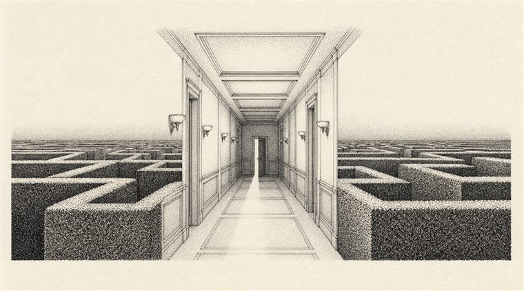 Assoziative Zeichnung eines Hotelflurs, der in ein Labyrinth übergeht