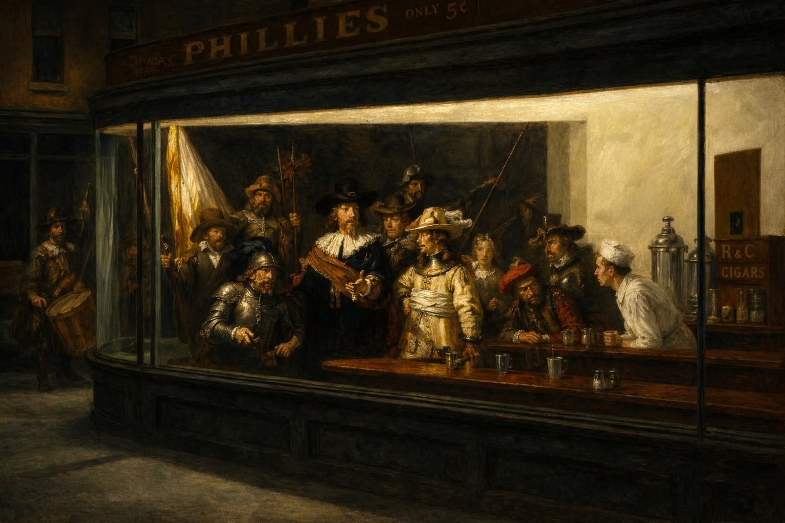 Historische Nachtwache als Szene in einem amerikanischen Diner