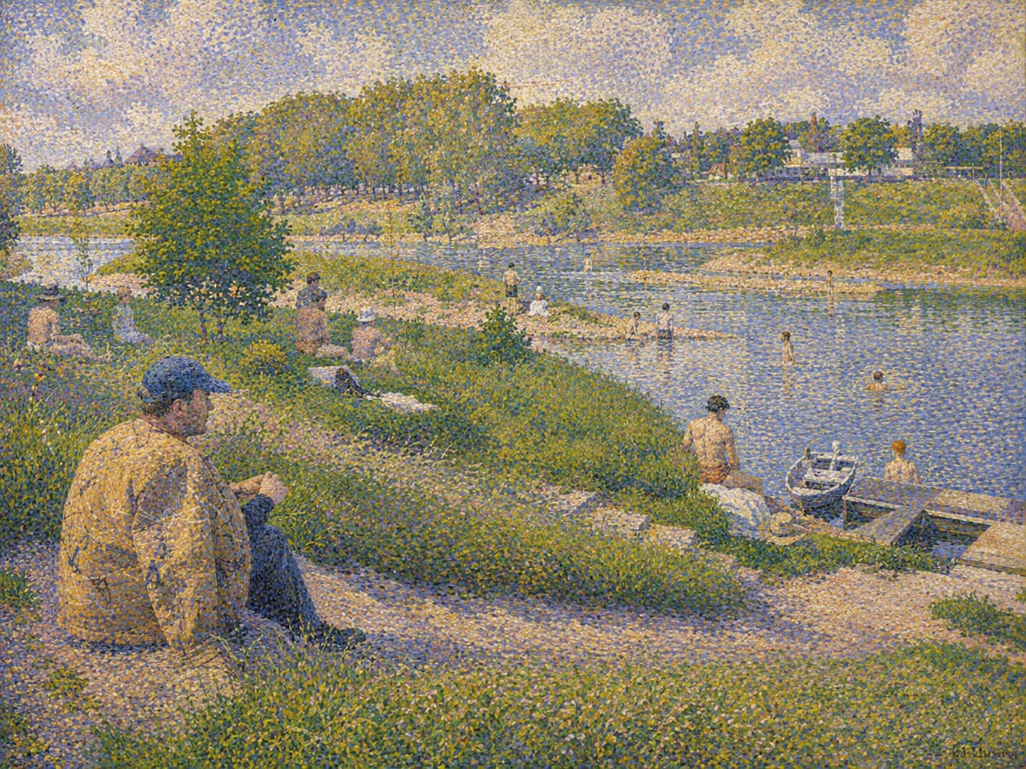 Pointillistisch gemalte Flusslandschaft mit Badenden