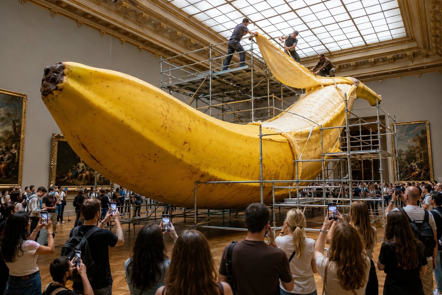 Monumentale Banane wird in einem Museum vor Publikum installiert