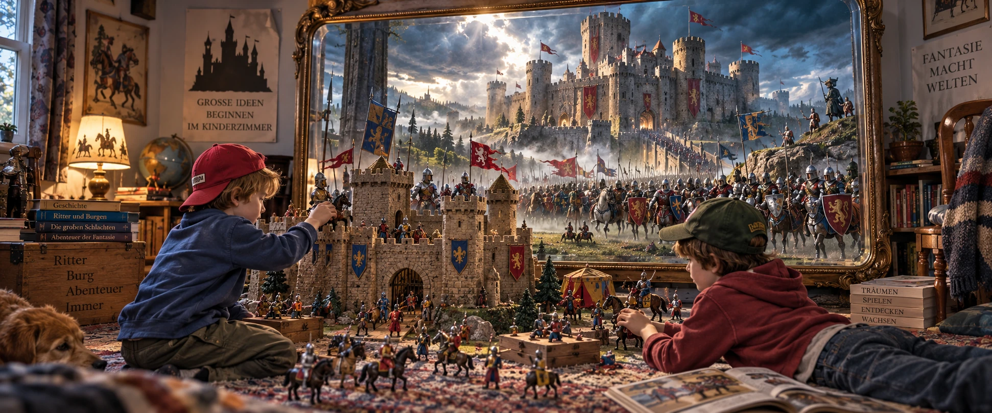 Zwei Kinder spielen vor einem großen Ritterbild mit einer Burg und mittelalterlichen Figuren