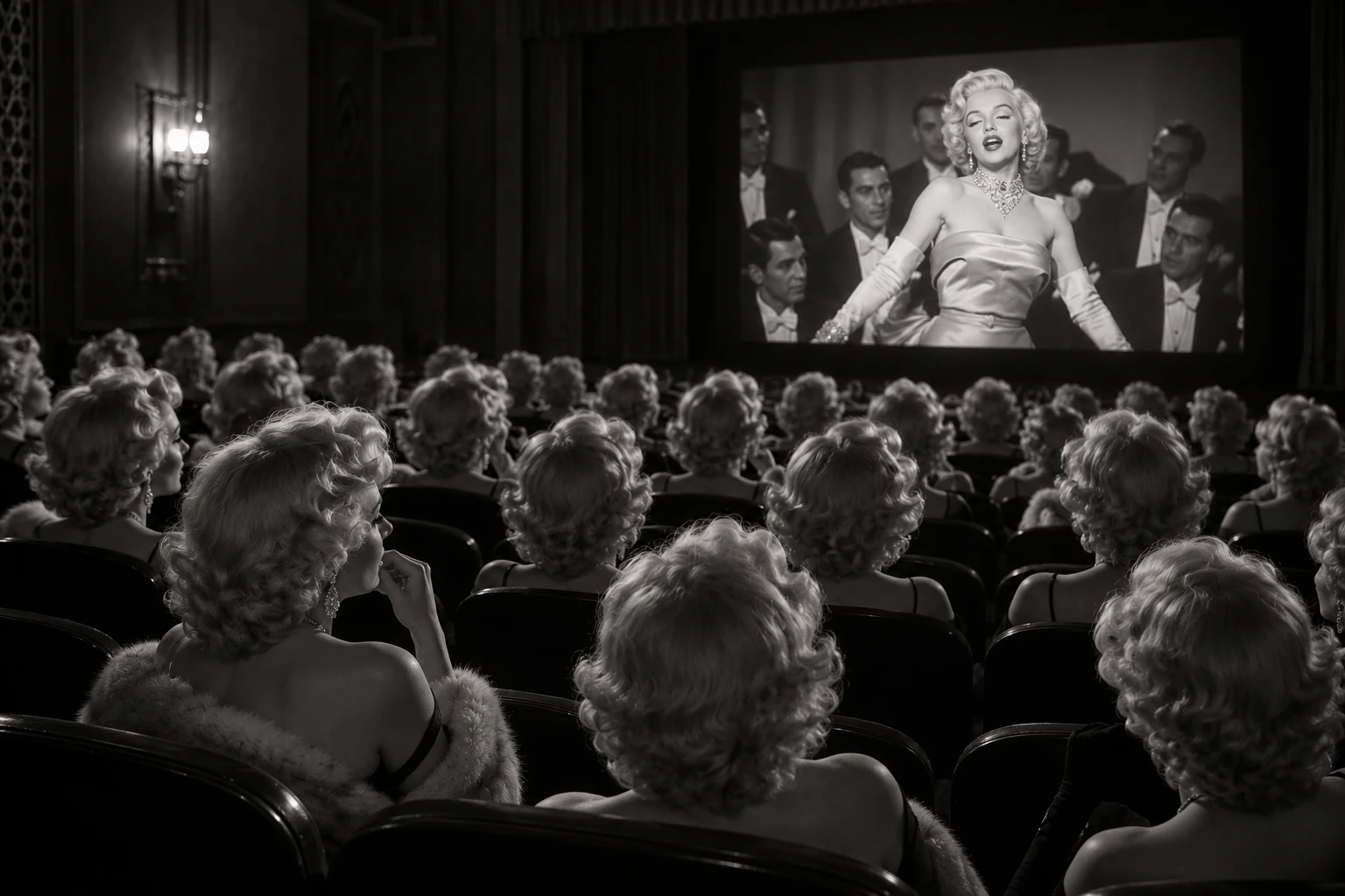 Ein weibliches Kinopublikum mit ähnlichen Frisuren betrachtet eine singende blonde Filmfigur