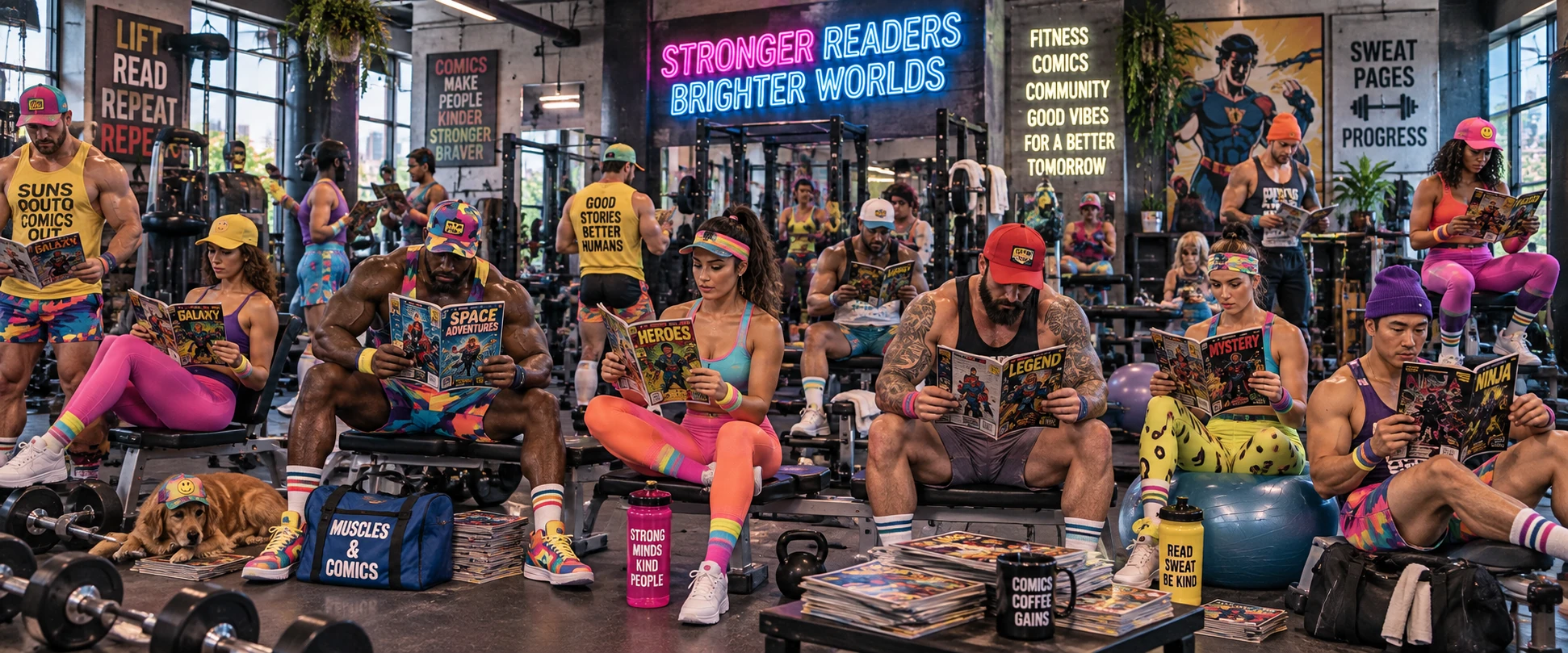 Menschen in einem farbigen Fitnessstudio lesen Comics zwischen Trainingsgeräten