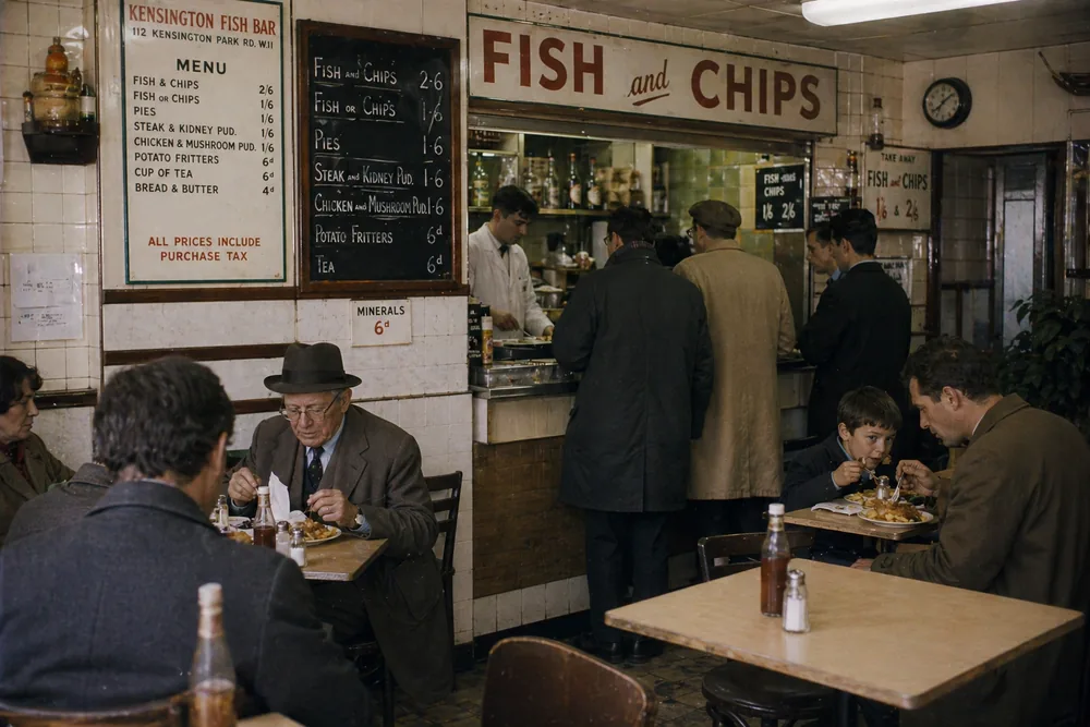 Historisierende Innenansicht eines Londoner Fish-and-Chips-Ladens
