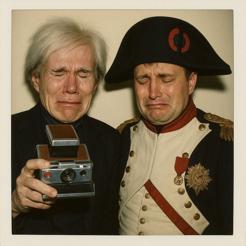 KI-Darstellung von Andy Warhol mit Sofortbildkamera neben Napoleon in Uniform