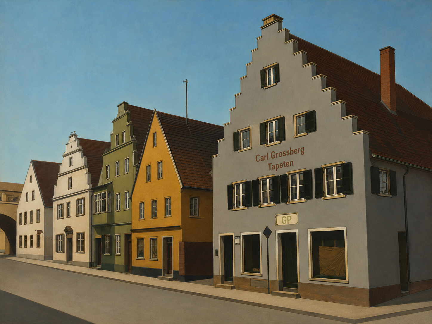 Kleinstadtstraße mit gestaffelten Giebelhäusern und dem Schriftzug Carl Grossberg Tapeten