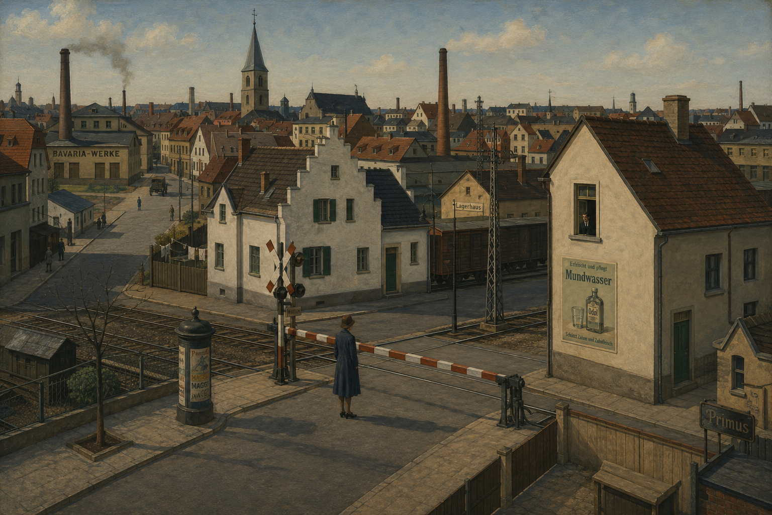 Weite Stadtansicht mit Bahnübergang, wartender Frau, Mann am Fenster, Gleisen, Industrie und Schornsteinen
