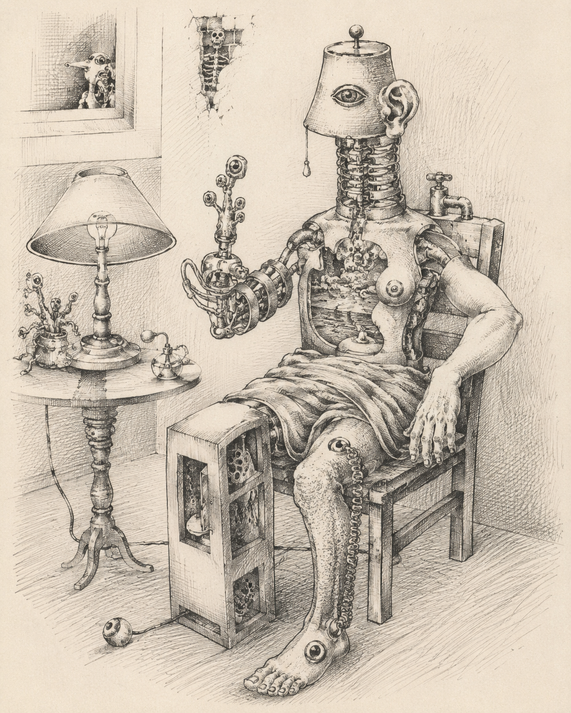 Groteske gezeichnete Figur mit Lampenschirmkopf, Auge, Ohr und mechanischen Teilen in einem Zimmer