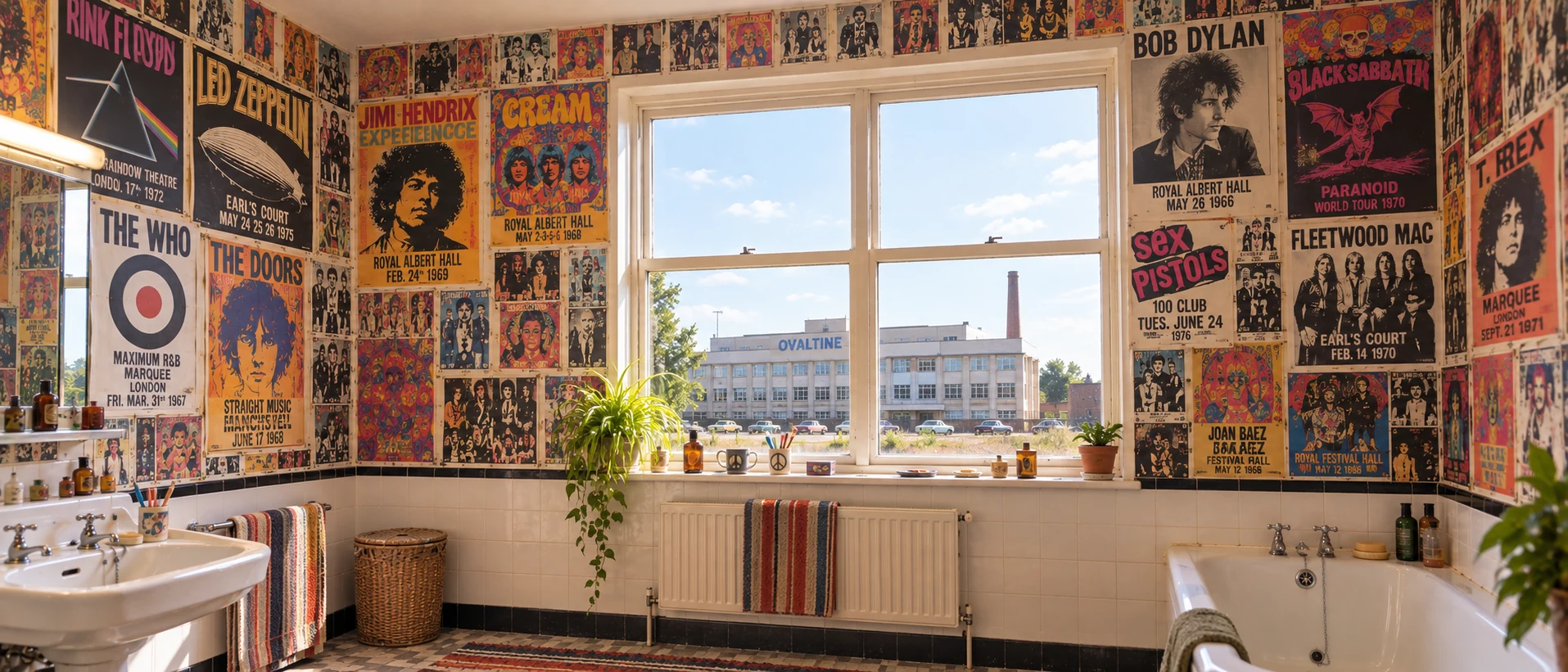 Helles englisches Badezimmer mit dicht gehängten Rockplakaten und Blick auf die Ovaltine-Fabrik