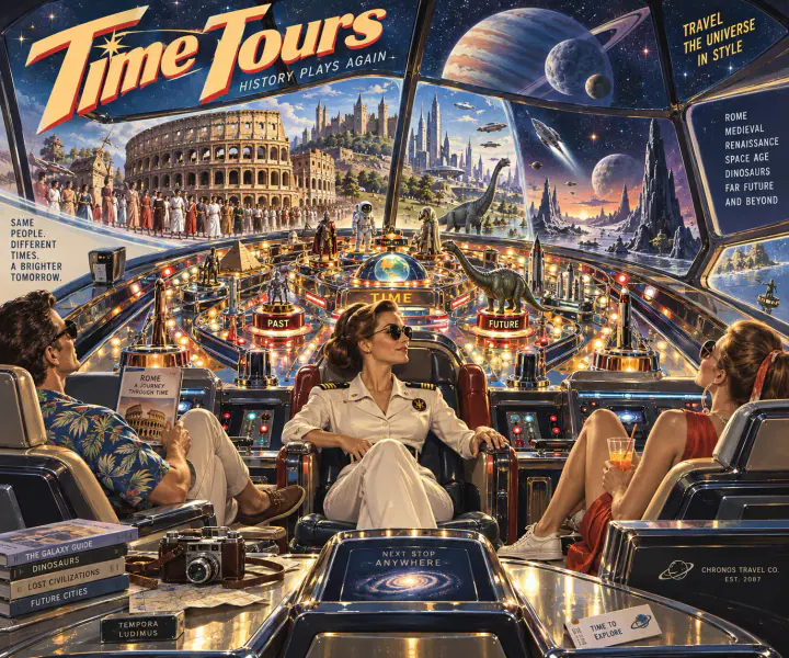 Retro-futuristische Zeitreise-Lounge mit Blick auf vergangene und künftige Welten