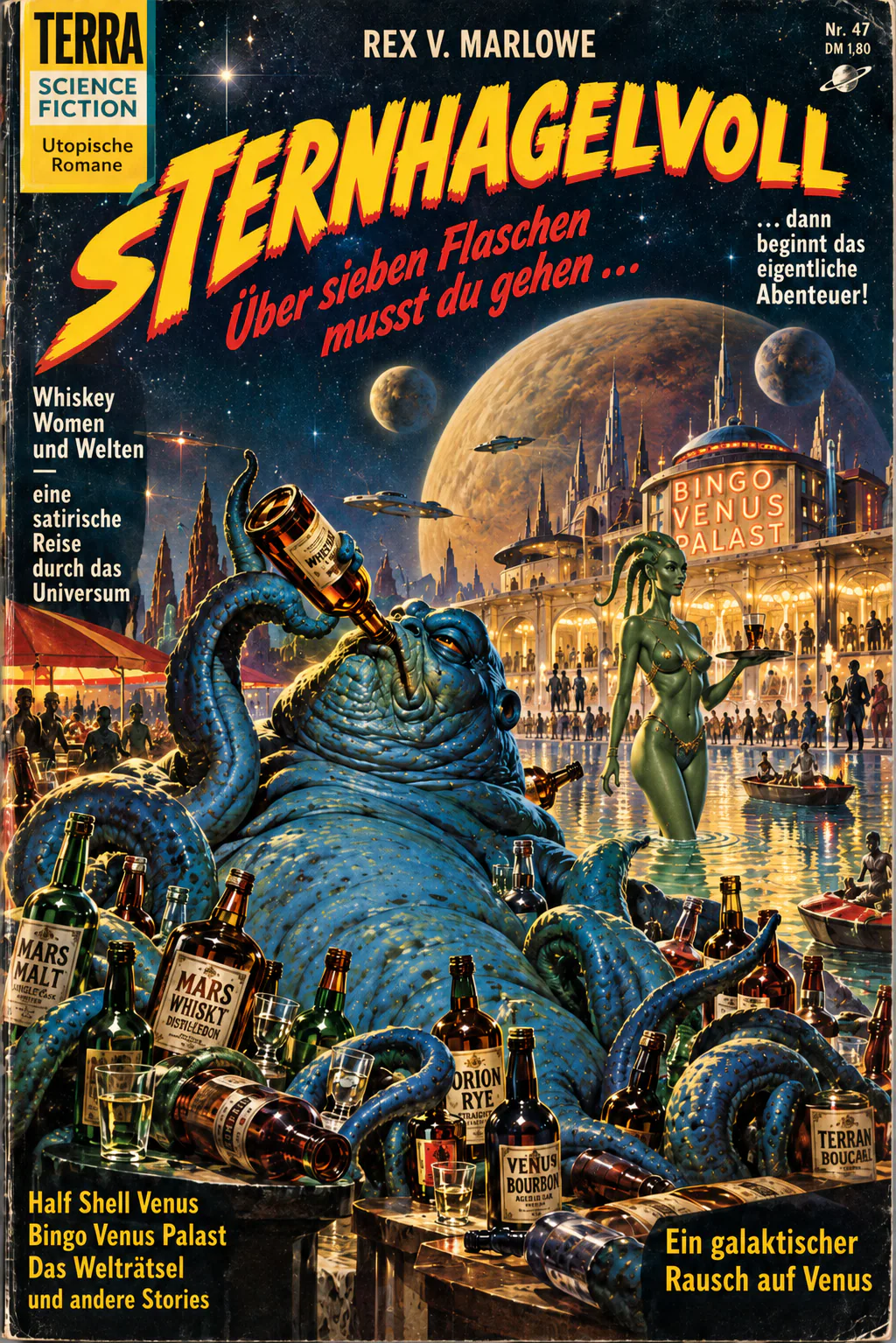 Illustriertes Science-Fiction-Magazin mit einem trinkenden außerirdischen Wesen