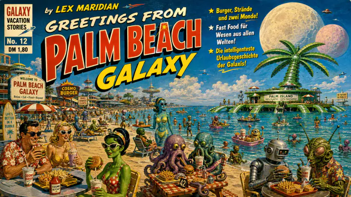 Retro-futuristischer Strand mit Menschen, Robotern und außerirdischen Urlaubsgästen