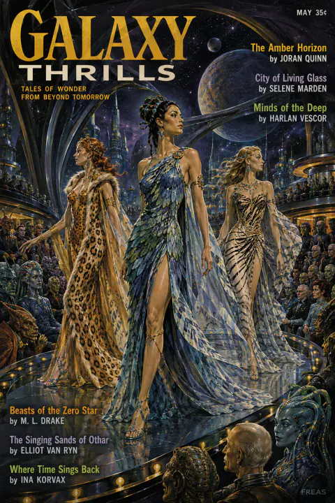 Science-Fiction-Magazinmotiv mit drei Frauen auf einem kosmischen Laufsteg