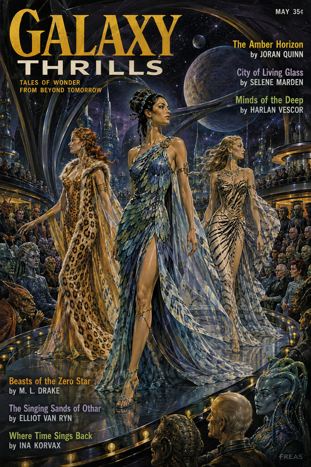 Science-Fiction-Magazinmotiv Galaxy Thrills mit drei Frauen auf einem kosmischen Laufsteg