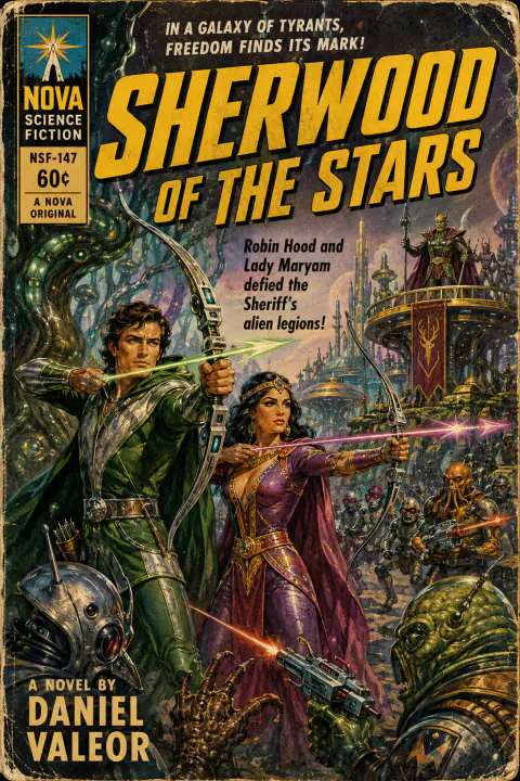 Pulp-Science-Fiction-Cover mit zwei Bogenschützen und außerirdischen Gegnern