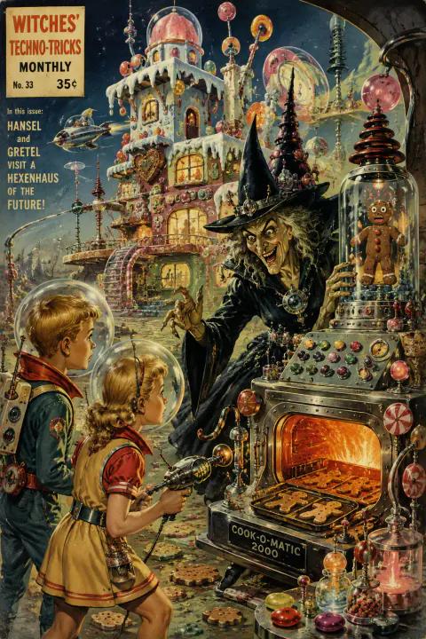 Pulp-Cover mit Hexe, zwei Kindern und einer futuristischen Lebkuchenmaschine