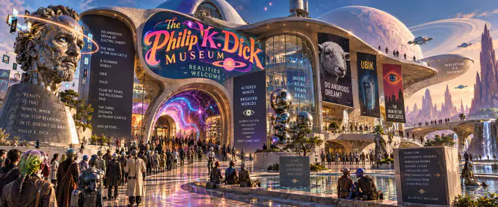 Futuristisches Philip-K.-Dick-Museum in einer außerirdischen Stadt