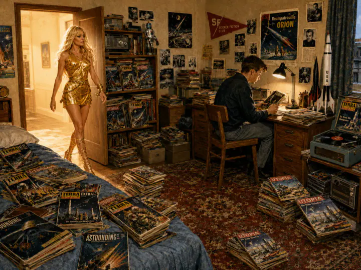 Leser in einem Zimmer voller Science-Fiction-Hefte und Weltraummodelle