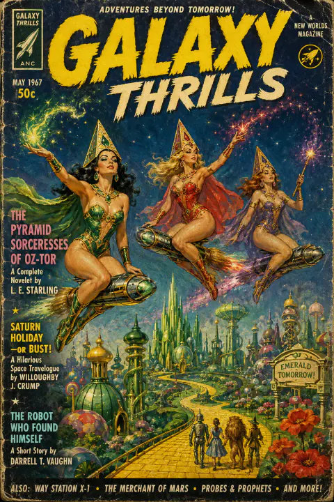 Pulp-Magazincover mit drei fliegenden Science-Fiction-Zauberinnen