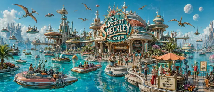 Futuristisches Robert-Sheckley-Museum in einer von Menschen und Außerirdischen besuchten Wasserstadt