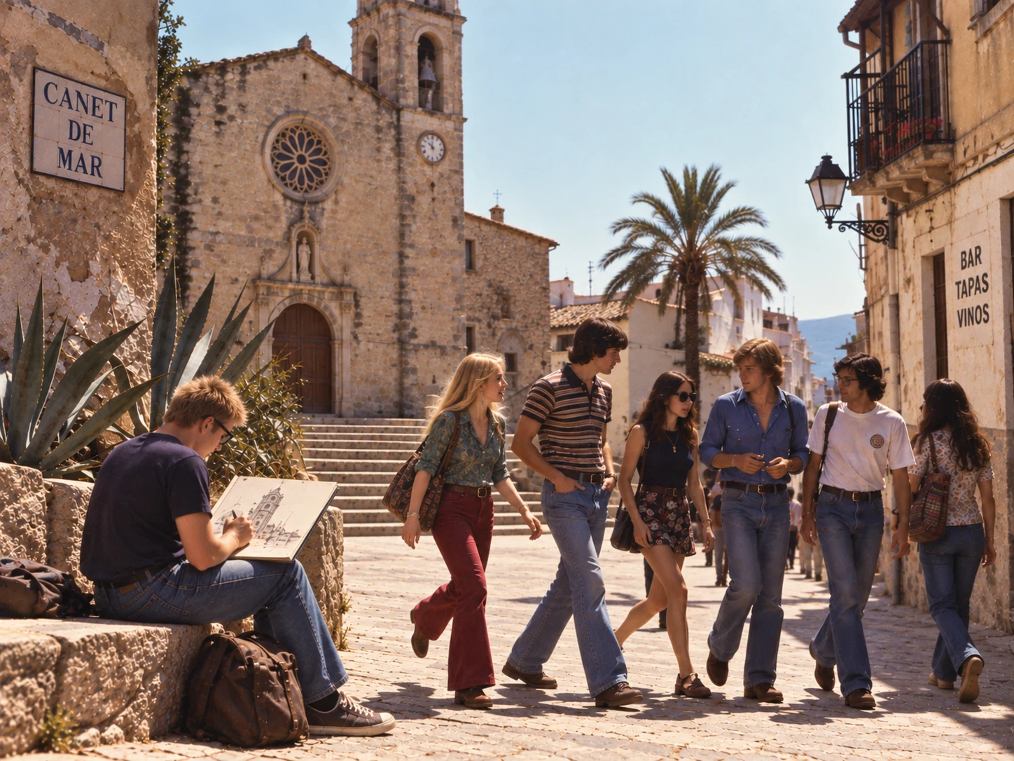 Jugendliche vor einer Kirche in Canet de Mar