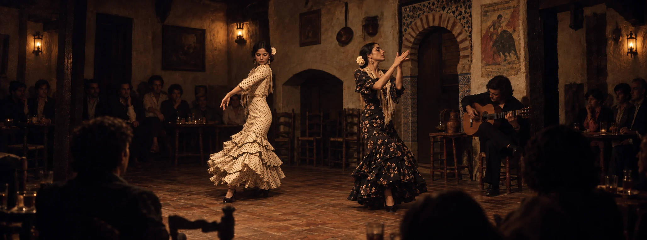 Zwei Tänzerinnen und ein Gitarrist in einer Flamenco-Bar in Córdoba
