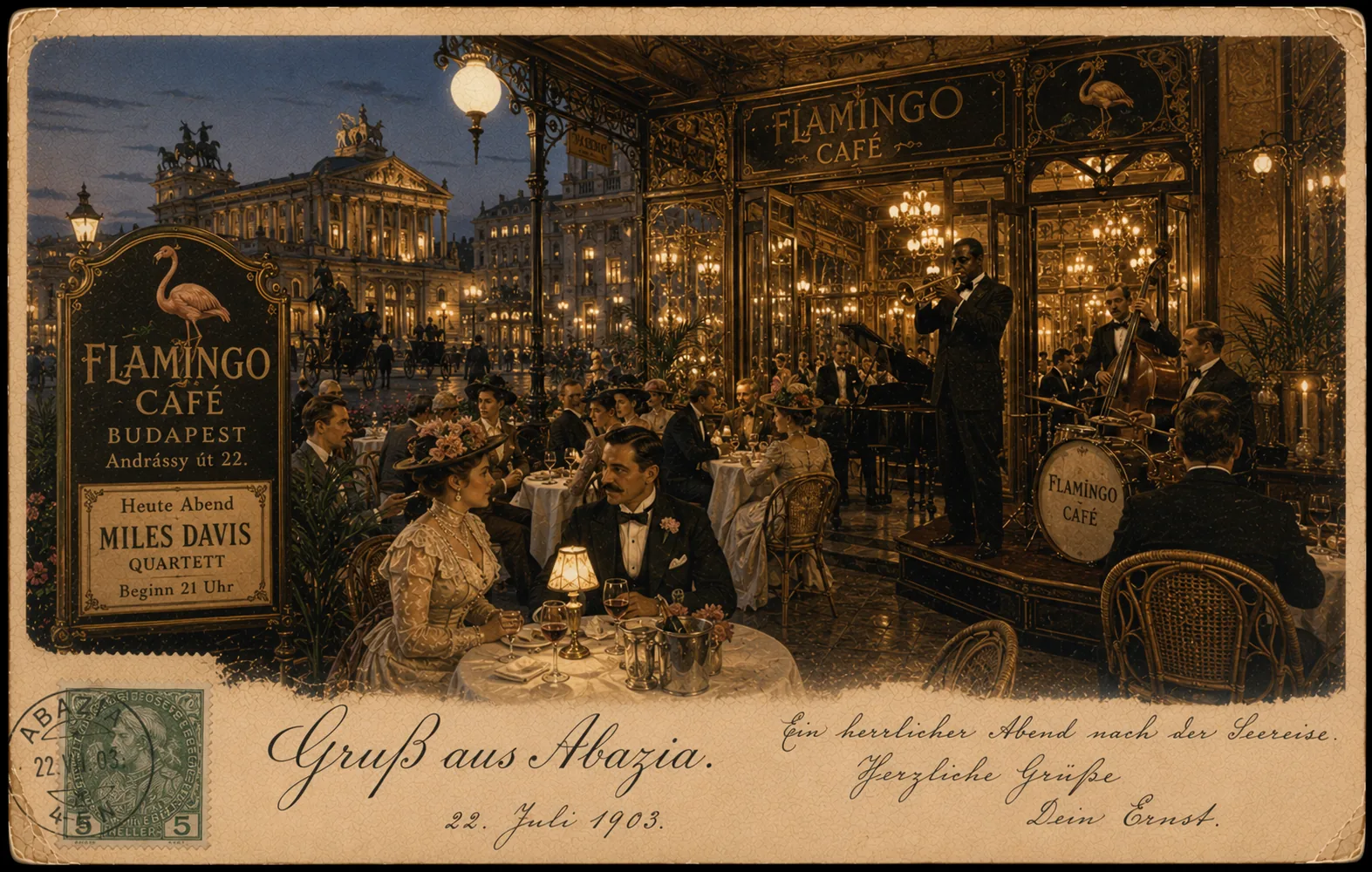 Goldglänzendes historisches Flamingo-Café mit Orchester und Abendgesellschaft