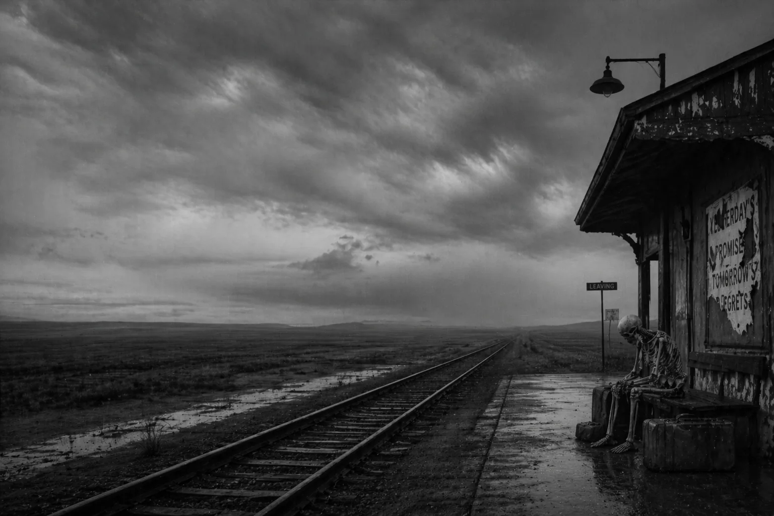 Verlassener Bahnsteig unter schwerem Himmel; ein Skelett wartet neben Koffern